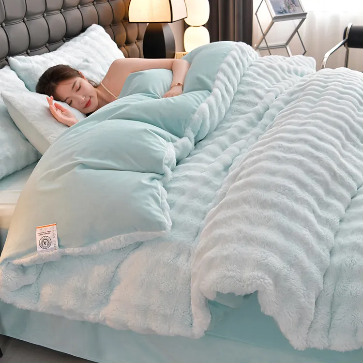 冬季加厚兔兔毛绒床上四件套牛奶绒珊瑚绒被套床单三件套双面加绒