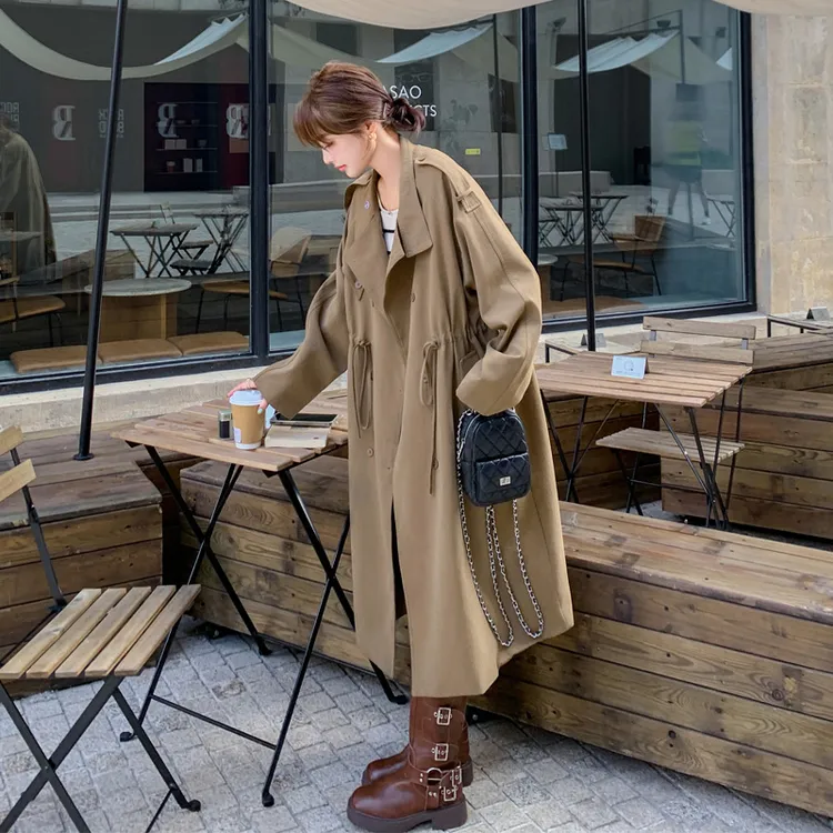 韩剧女主穿搭风衣外套2025春秋新款复古松弛感简约抽绳中长款大衣