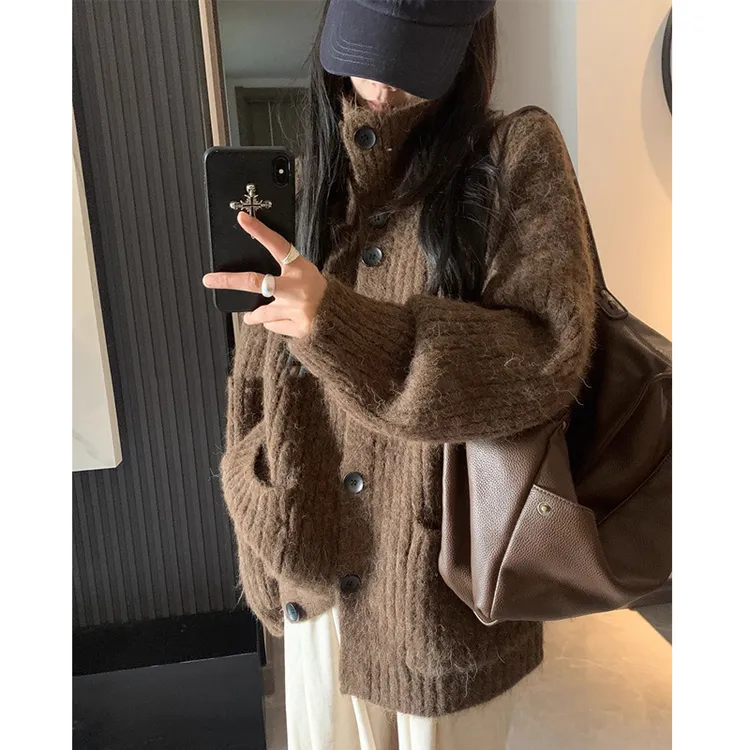 韩系慵懒风粗针织开衫女高领纽扣毛衣外套春秋加厚休闲上衣高级感