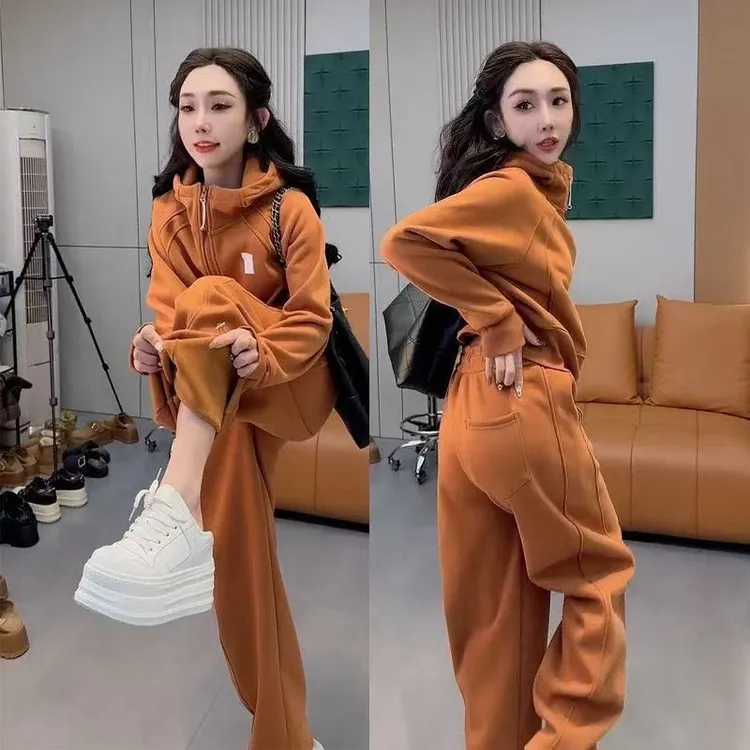 2025年秋冬新款南瓜橘藏蓝加绒开衫连帽运动套装时尚休闲百搭显瘦