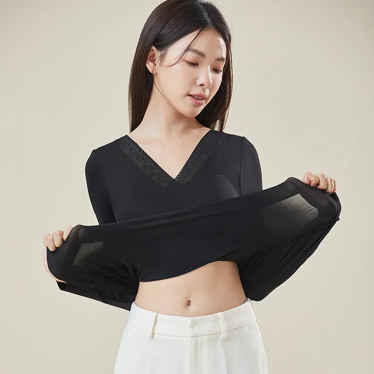女士紧身领带胸垫长袖加绒保暖内衣保暖衣秋衣冬季秋冬薄款打底衫