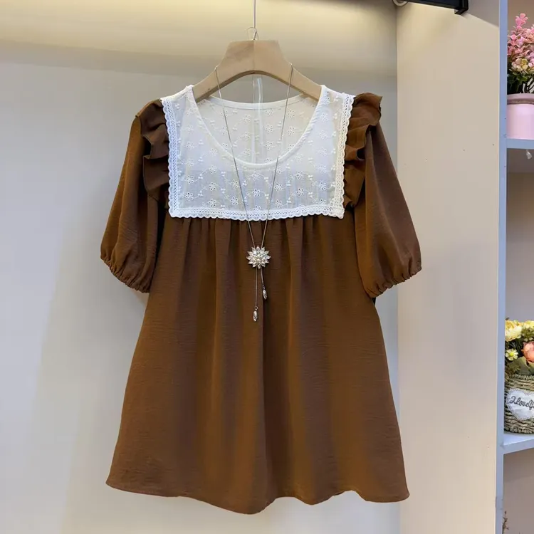 时尚2025夏新款圆领拼接宽松韩版大码女装减龄短袖衫