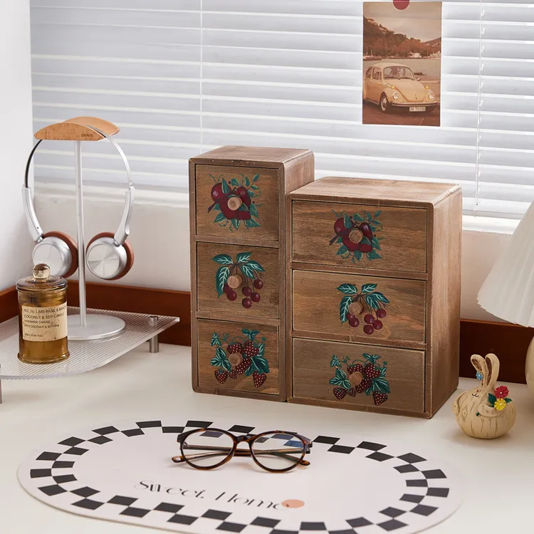 复古风手绘桌面首饰盒收纳做旧小柜子卧室装饰摆件实木杂物整理柜