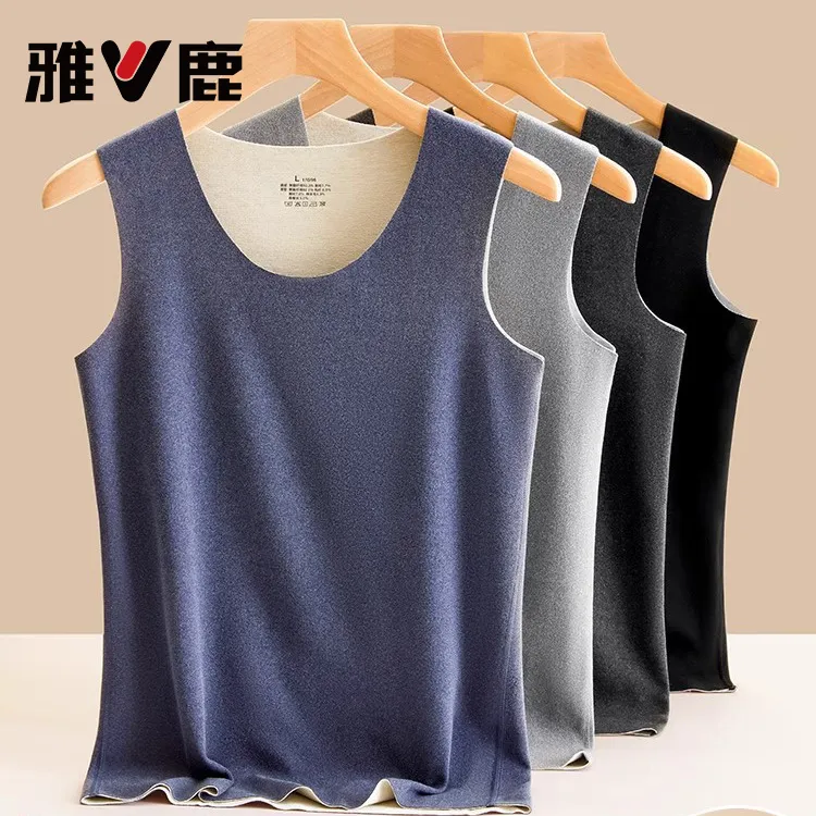 雅鹿内衣男士秋冬季羊毛蚕丝上衣坎肩无痕圆领打底衫保暖背心大码商品图
