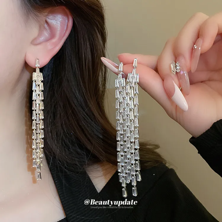 铜合金耳饰 925银针锆石夸张长款流苏耳环女欧美个性气质耳坠耳饰