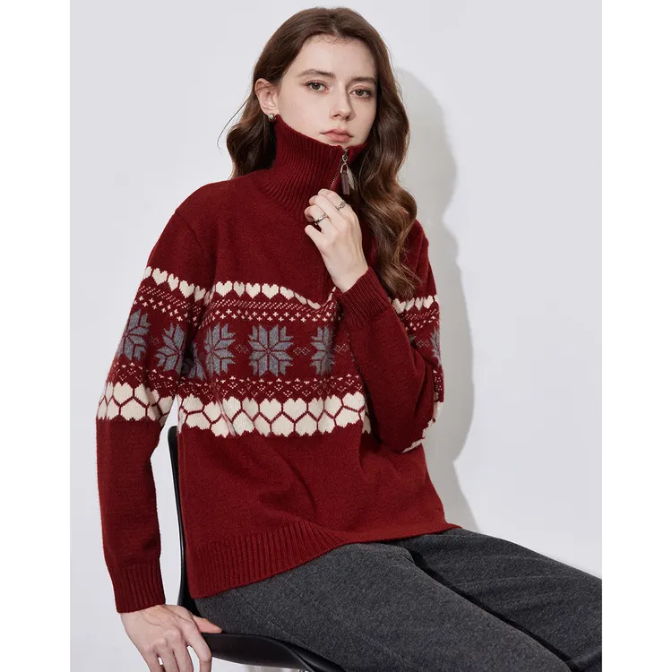 【拉高领设计】初语冬装女式时尚费尔岛提花长袖保暖针织衫毛衣上衣