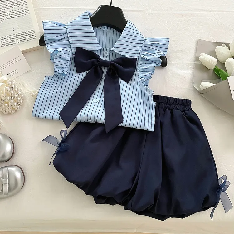 品质童装女童学院风套装飞飞袖2025年夏季新款蝴蝶结条纹衬衫裙裤