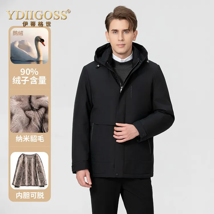 YDIIGOSS休闲鹅绒服男士加厚保暖可脱卸貂绒派克服高端商务