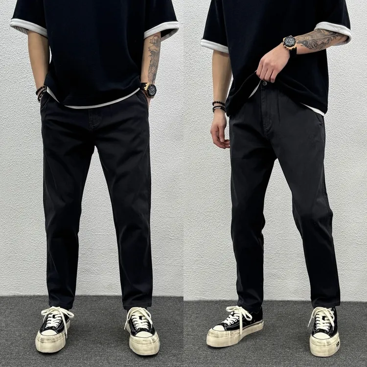 男士百搭休闲裤2025纯色宽松直筒裤大气轻奢小脚裤舒适牛仔长裤子