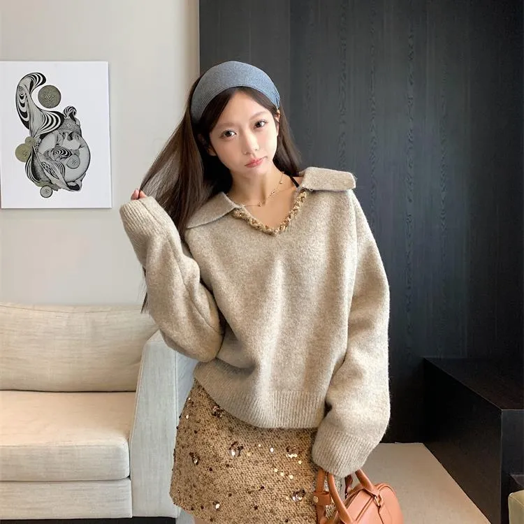 A#8155法式v领毛衣慵懒设计感小众软糯上衣+亮片半裙