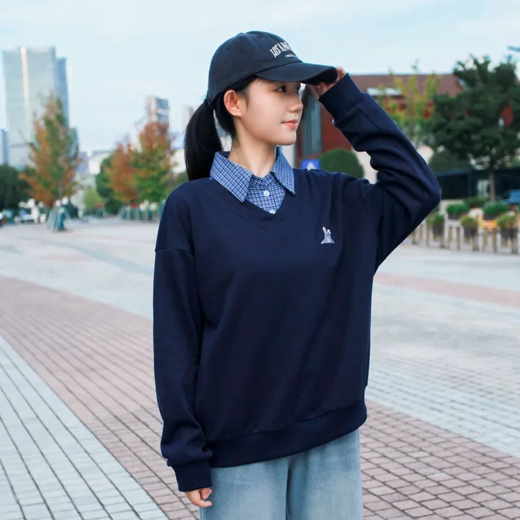 芙希鹿2025秋季新款青少女上衣宽松长袖翻领卫衣学生常规学院风潮