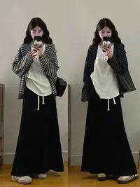 大码慵懒风女秋季撞色条纹长袖外套内搭背心+高腰半身长裙三件套