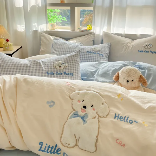 ins卡通baby蓝水洗棉兔毛贴布绣床上四件套被套床单床笠四季通用