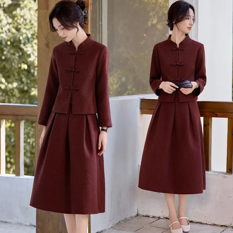 新中式妈妈喜服婚宴套装秋冬加厚毛呢两件套洋气年轻婆婆婚礼礼服