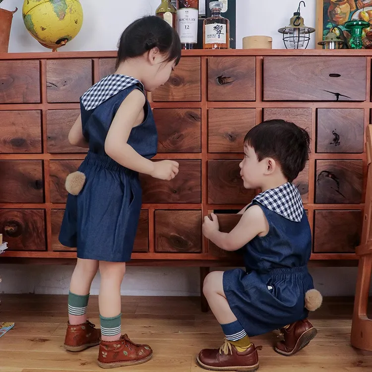 2025夏季新款海军领兔尾巴轻薄牛仔套装男女童无袖上衣短裤家居服