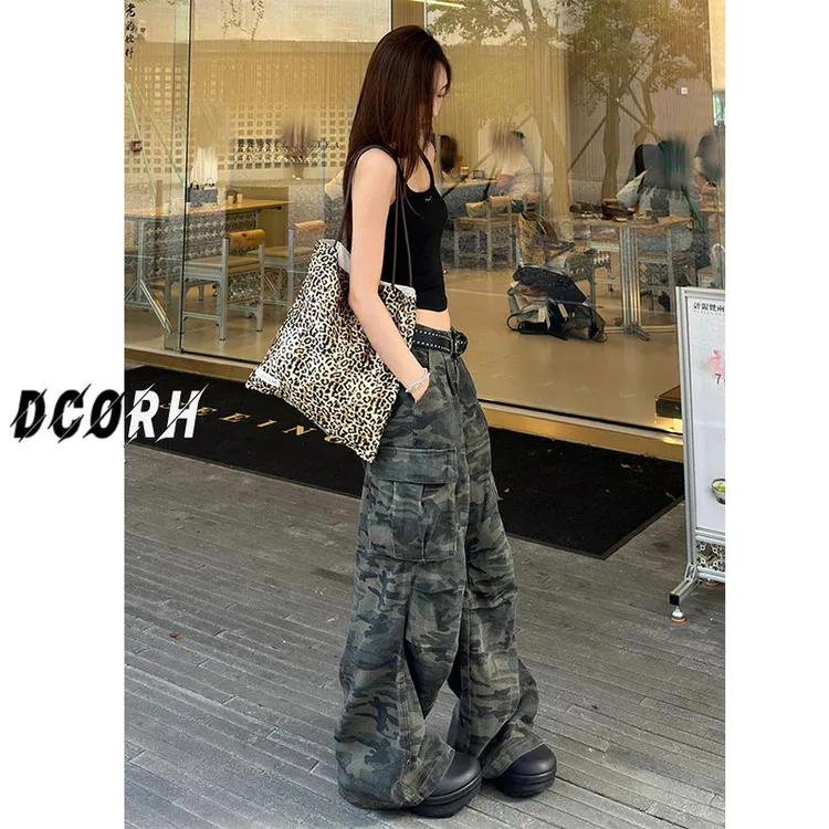 大口袋褶皱设计辣妹美式迷彩工装裤复古潮流高腰宽松显瘦休闲裤子