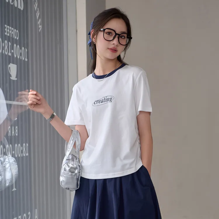 【丝光棉T恤】初高中女大童学生装休闲短款撞色圆领半袖显瘦T962215