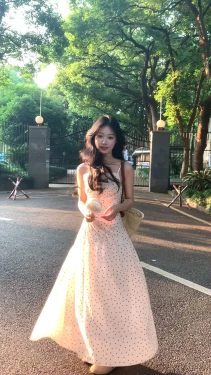 法式茶歇波点吊带连衣裙子女装收腰气质温柔设计高级感长裙子夏季