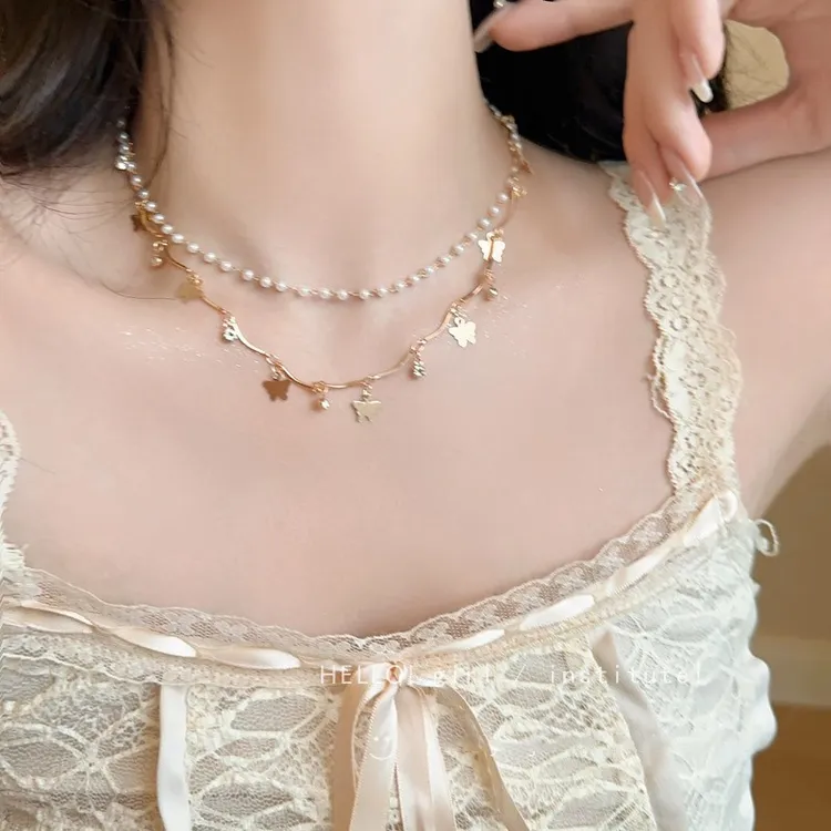 流苏蝴蝶珠珠项链2025双层叠戴颈炼链高级感轻奢