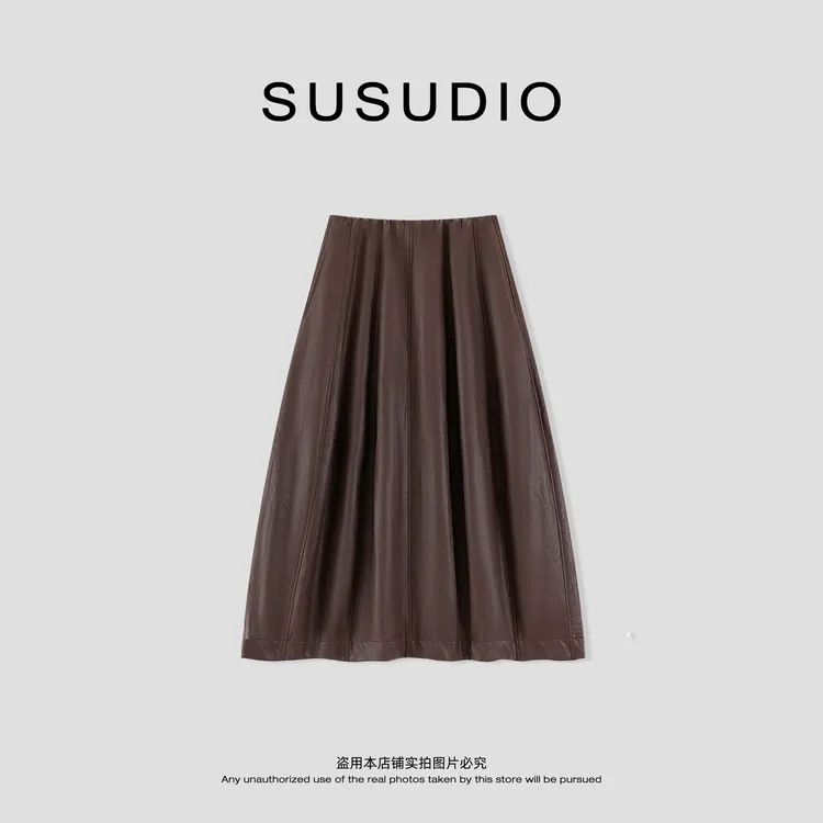 SUSUDIO 复古简约气质风拉链独特漂亮半身气球皮裙 40650