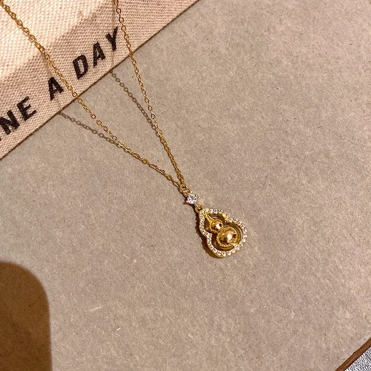 铜合金项链 古法镶钻葫芦项链女百搭金色福禄吊坠锁骨链时尚气质