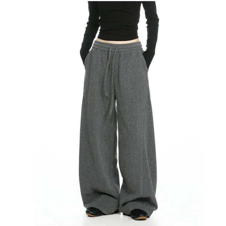 抽绳结构线厚长裤直筒松紧腰头阔腿卫裤百搭冬季慵懒长裤秋冬服装