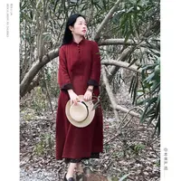 文艺简约木耳立领连衣裙女春季新款柔软舒适红裙子4558