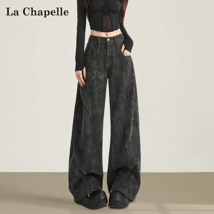 拉夏贝尔黑灰色印花阔腿牛仔裤女2025新款梨形身材美式弯刀工装裤