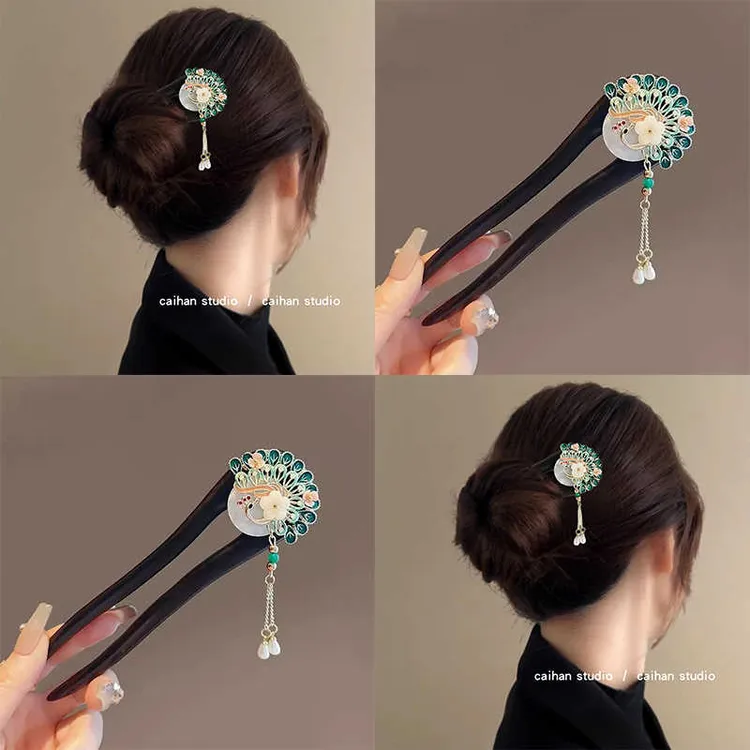翠翎衔玉孔雀花朵U型发钗新中式国风复古防檀木发簪珍珠流苏发簪
