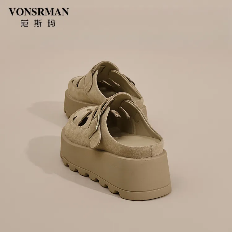 范斯玛高端新款夏季复古镂空勃肯猪笼鞋厚底增高包头罗马半拖鞋女