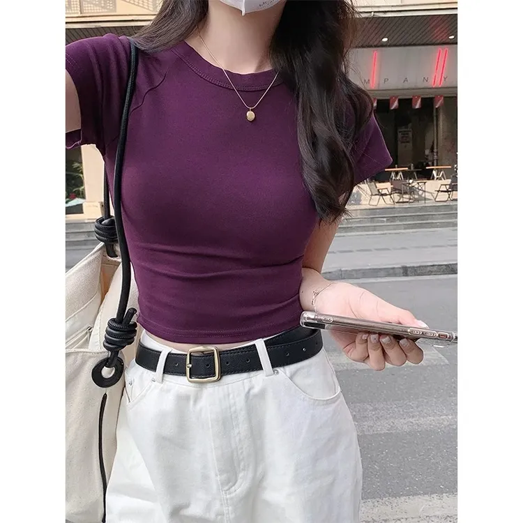 紫色正肩T恤女独特露脐小飞袖短上衣夏季小个子紧身美式辣妹短袖 