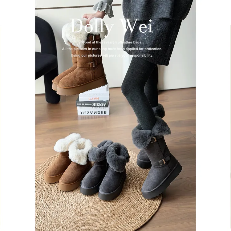 【Dolly Wei】雪地靴厚底毛毛加绒加厚保暖靴中长筒雪地靴女冬季款