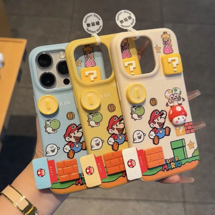 闯关马里奥标签适用苹果17/16皮革纹手机壳vivo华为P70小米17oppo