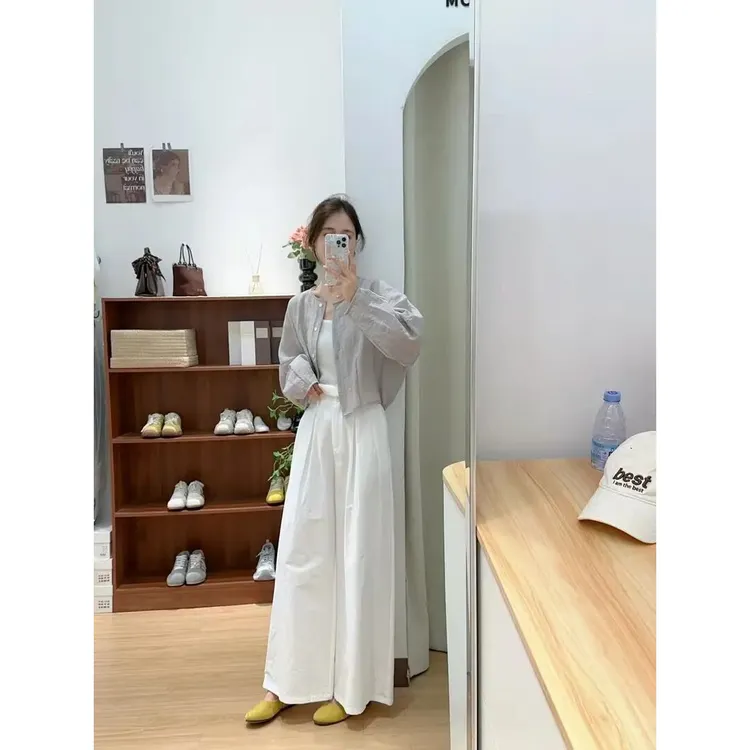 春游出行衣服女简约开衫内搭白色吊带高腰显瘦休闲阔腿裤套装
