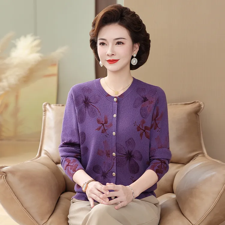 100%纯羊毛针织开衫中老年洋气妈妈装女母亲衣服女士气质长袖印花