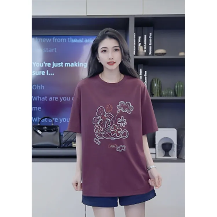 小乖逃X酒红色T恤圆领花朵T恤半袖时尚休闲夏季宽松双纱上衣M8668