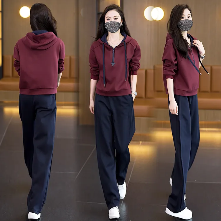 休闲套装春秋季新款时尚洋气减龄遮肚子显瘦连帽卫衣阔腿裤两件套