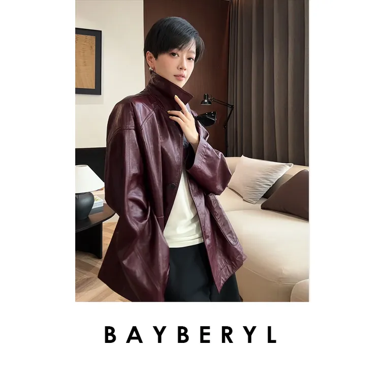 BAYBERYL老贝朗姆*翻领双口袋蜡感复古时尚25秋皮衣PY5H2721-9/14