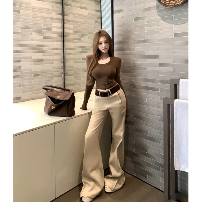 卡其色中腰休闲裤女春季加绒加厚西装长裤显瘦微喇叭直筒拖地裤子