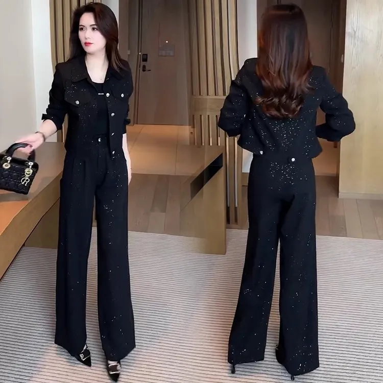 时尚休闲套装女2025春季洋气显瘦穿搭一整套短款外套阔腿裤两件套