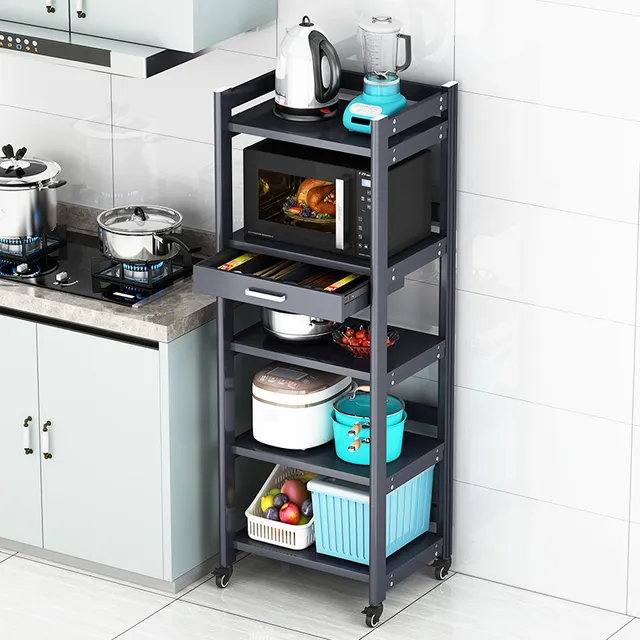太空铝厨房置物架落地多层带轮可移动微波炉架子带抽屉橱柜收纳架