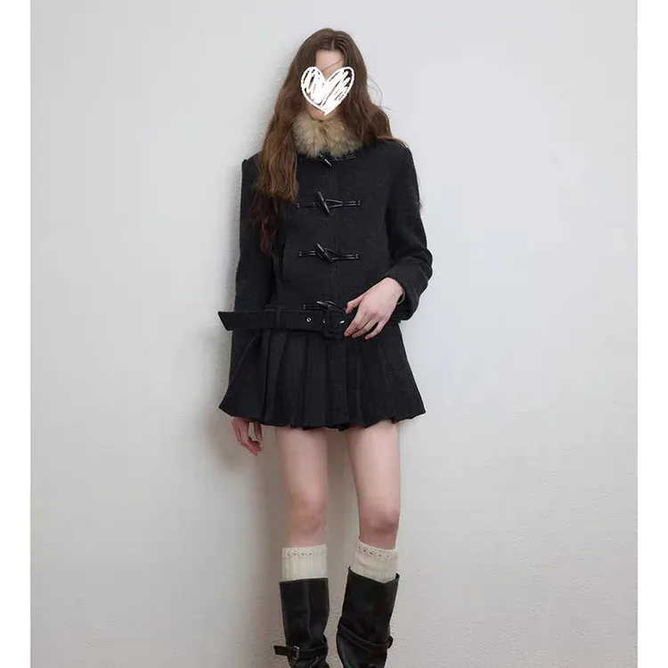 混纺可拆卸毛领毛呢外套女秋冬新款保暖加厚百褶下摆呢子大衣