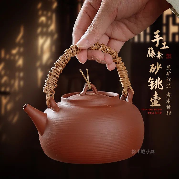 红泥煮水煮茶壶手工藤条提梁壶潮汕砂铫玉书煨薄锅仔电陶炉炭炉用