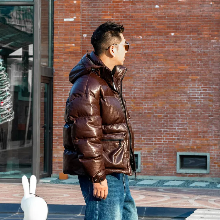 言吉冬款男装真皮连帽男士休闲设计感外套植鞣羊皮羽绒服YJA61688
