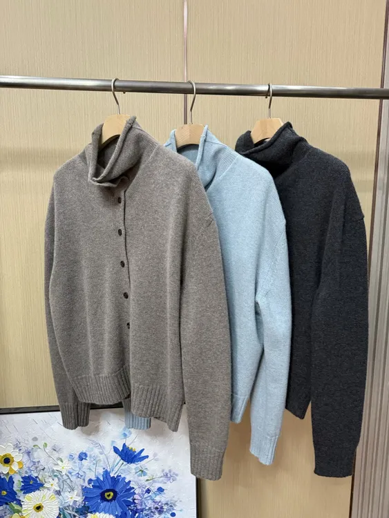 复古粗针扣子羊绒开衫针织宽松型女衫时尚百搭毛衫高领毛衣秋冬