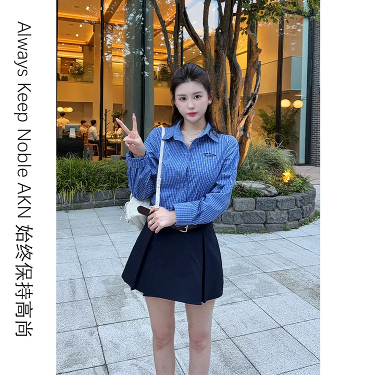 艾珂妮8053【蓝格纹衬衫+短裙】学院风气质蓝色格纹衬衫A字短裙套装