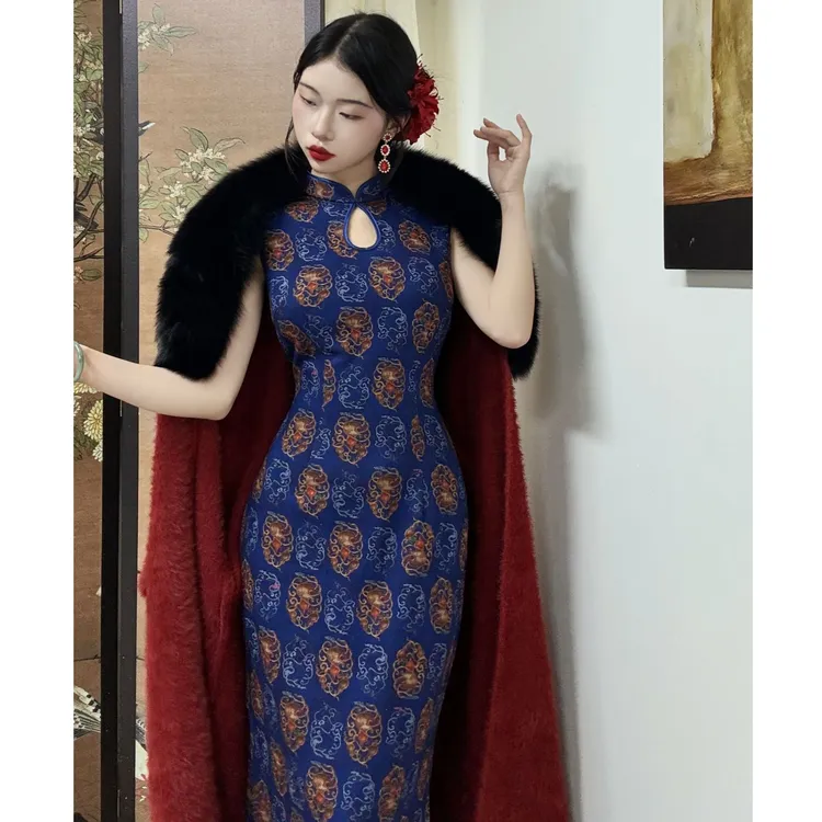 秋辞香~宝蓝夫人 港工异域风情弹力气质旗袍无袖复古水滴秋冬