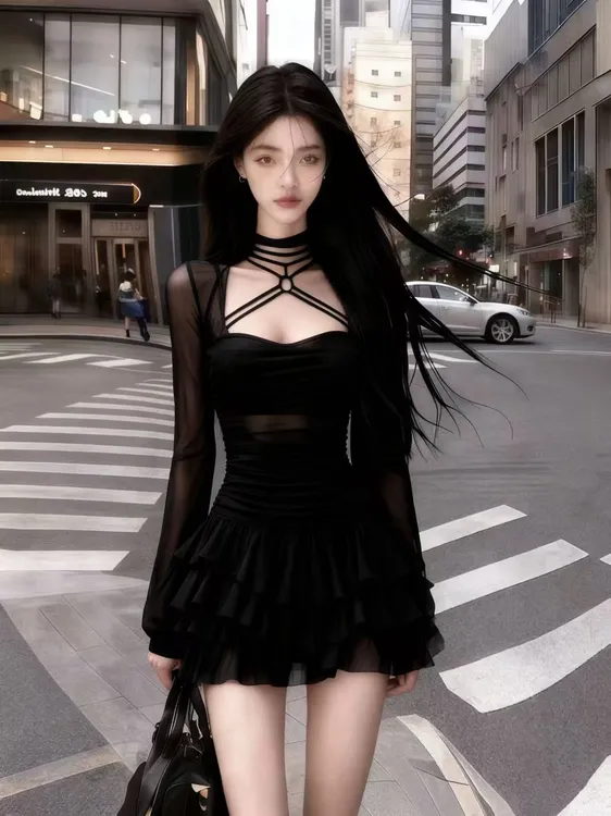 冬季韩版静奢千金风黑色方领网纱拼接绑带设计中腰修身显瘦连衣裙