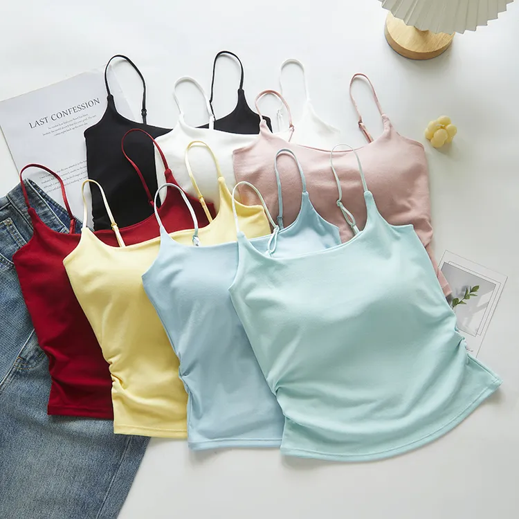 清晰纯色褶皱背心清新欲风外穿内搭胸垫一体式背心女外穿吊带白色