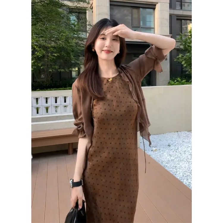 2026夏季新款女韩系穿搭设计感薄款开衫收腰显瘦中长款波点连衣裙商品图